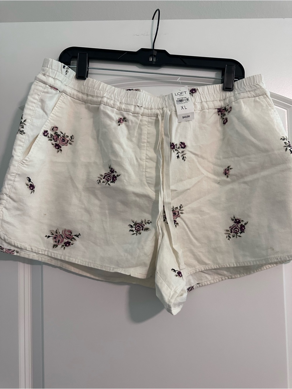 LOFT White High-Waist Linen-Blend Floral Drawstring Shorts